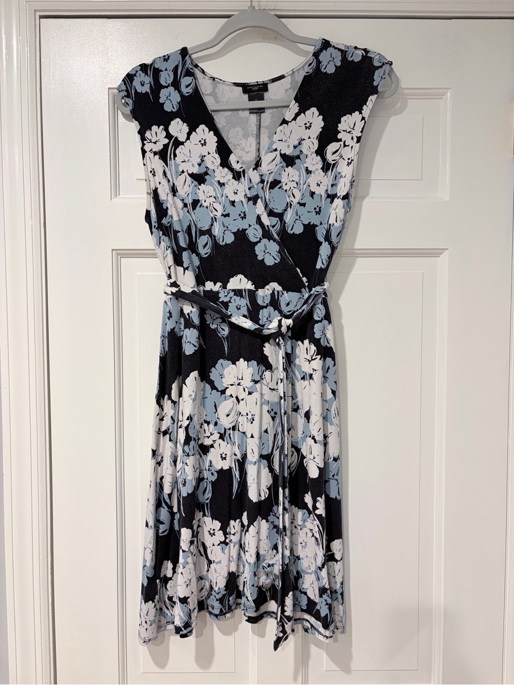 Ann Taylor Black Floral Wrap Dress with White & Light Blue Blooms